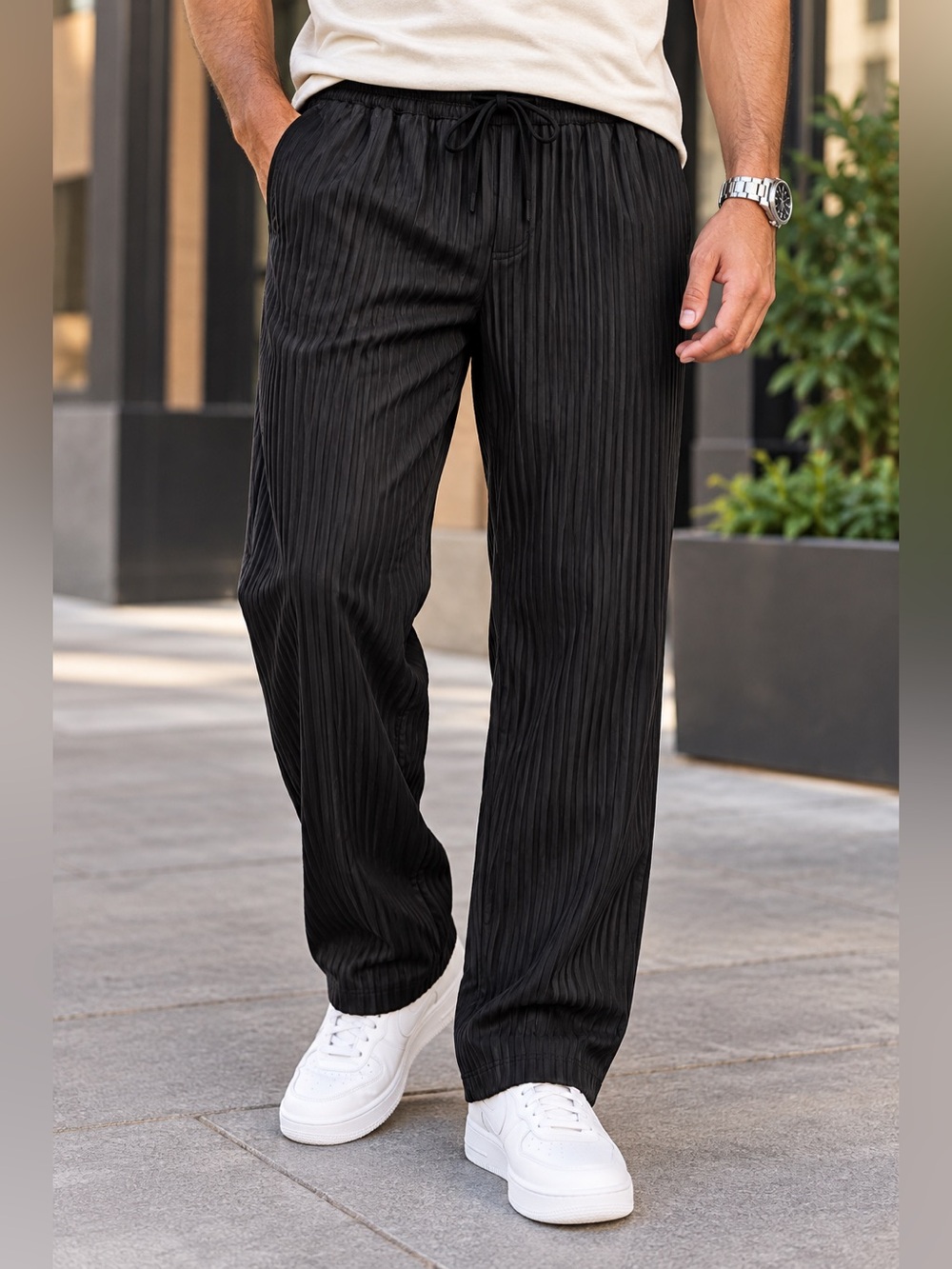 NovaMEN Santiago Straight Pants Men M Black Pleated Drawstring NWT
